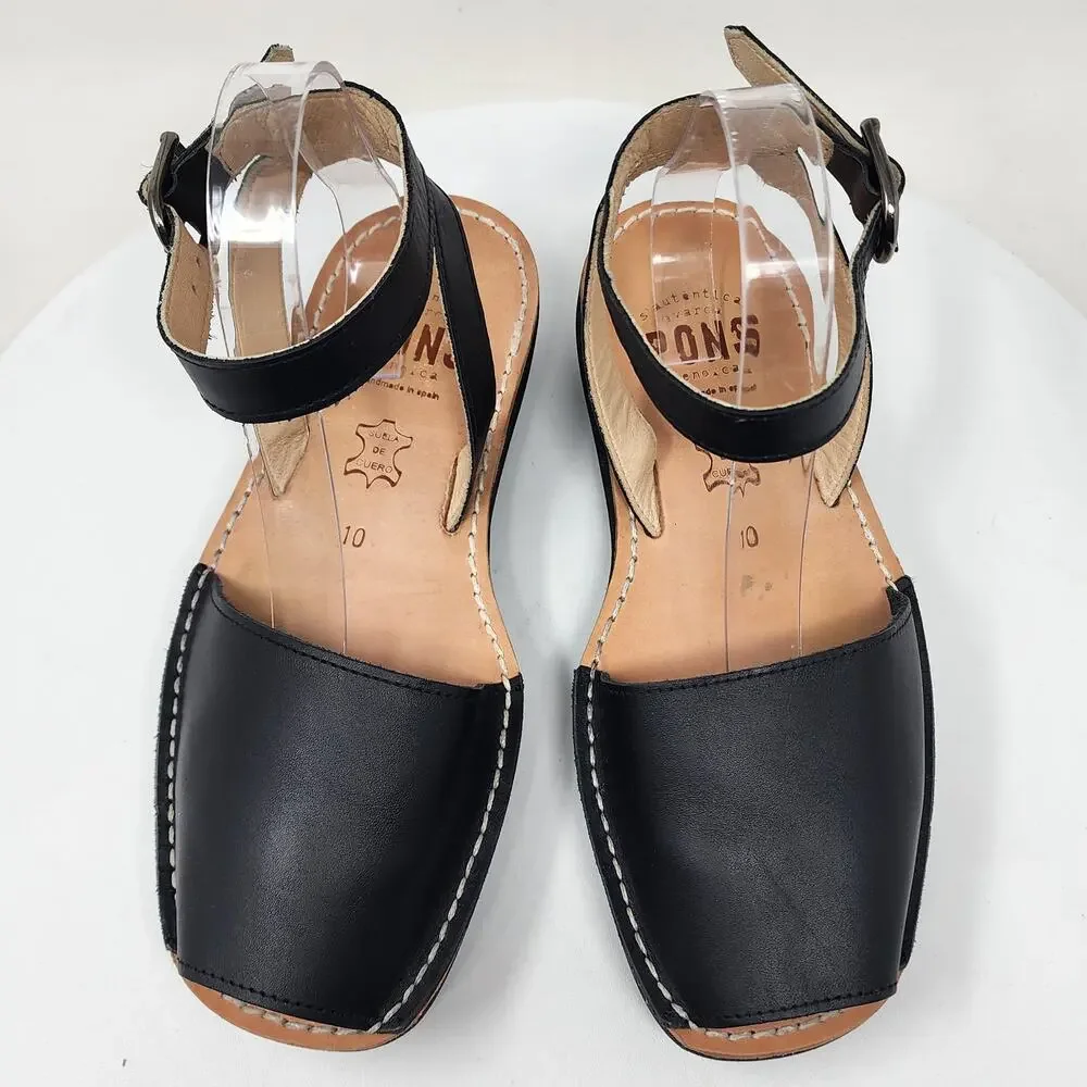 PONS Mediterranean Avarca Sandals Black Leather Adjustable Ankle Strap 524 - Picture 4 of 14